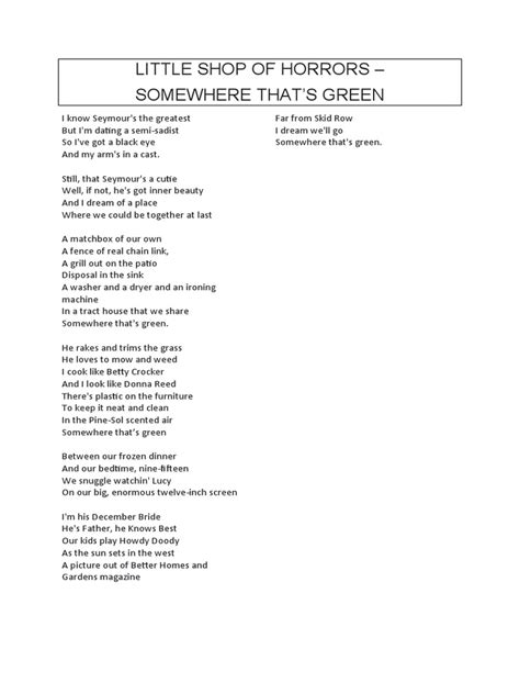 Somewhere That's Green lyrics credits, cast, crew of song